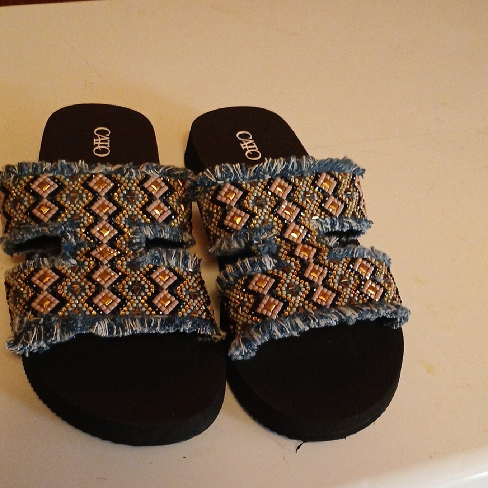 Beaded Denim Slide Sandals
